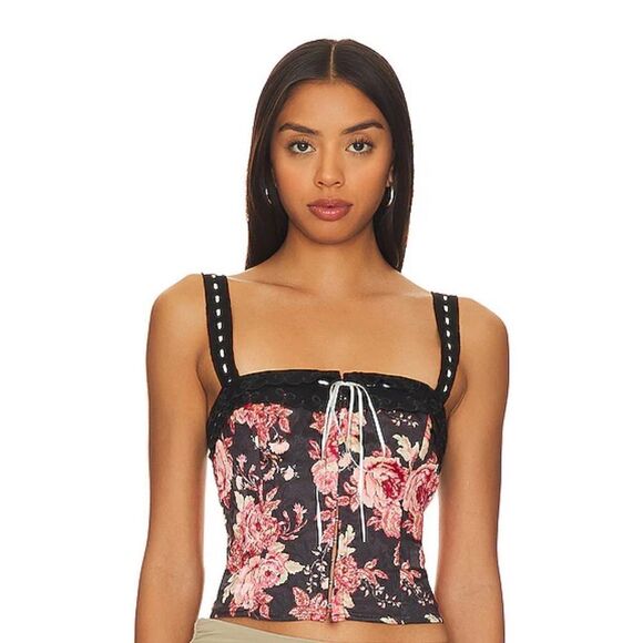 Free People X Revolve BELLE Black Pink Floral Eyelet Lace Corset Top - Picture 4 of 16